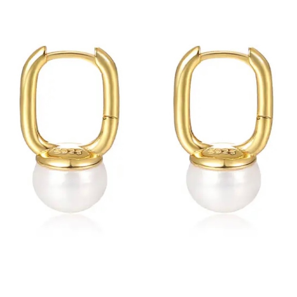 18k Gold Plated 925 Sterling Silver Freshwater Pearl Square Hoop Earring